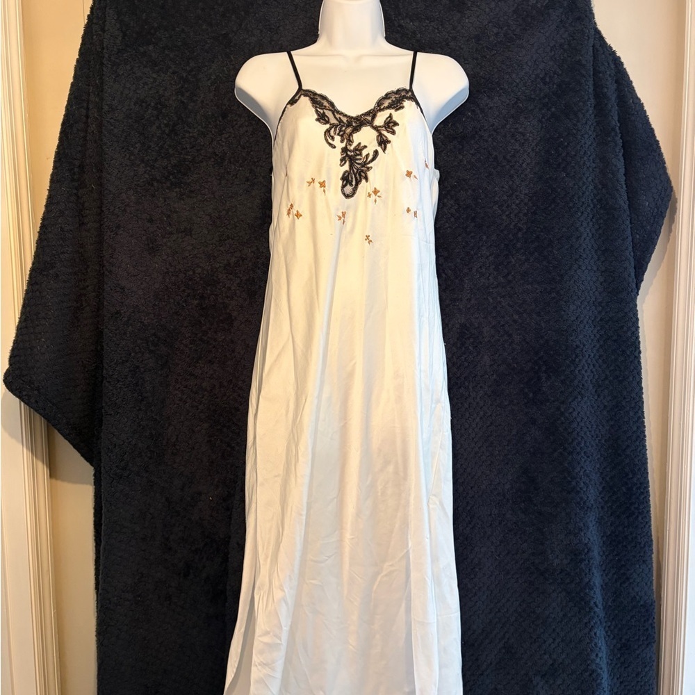 Vintage Natori Embroidered White Satin Maxi Dress - Picture 2 of 7